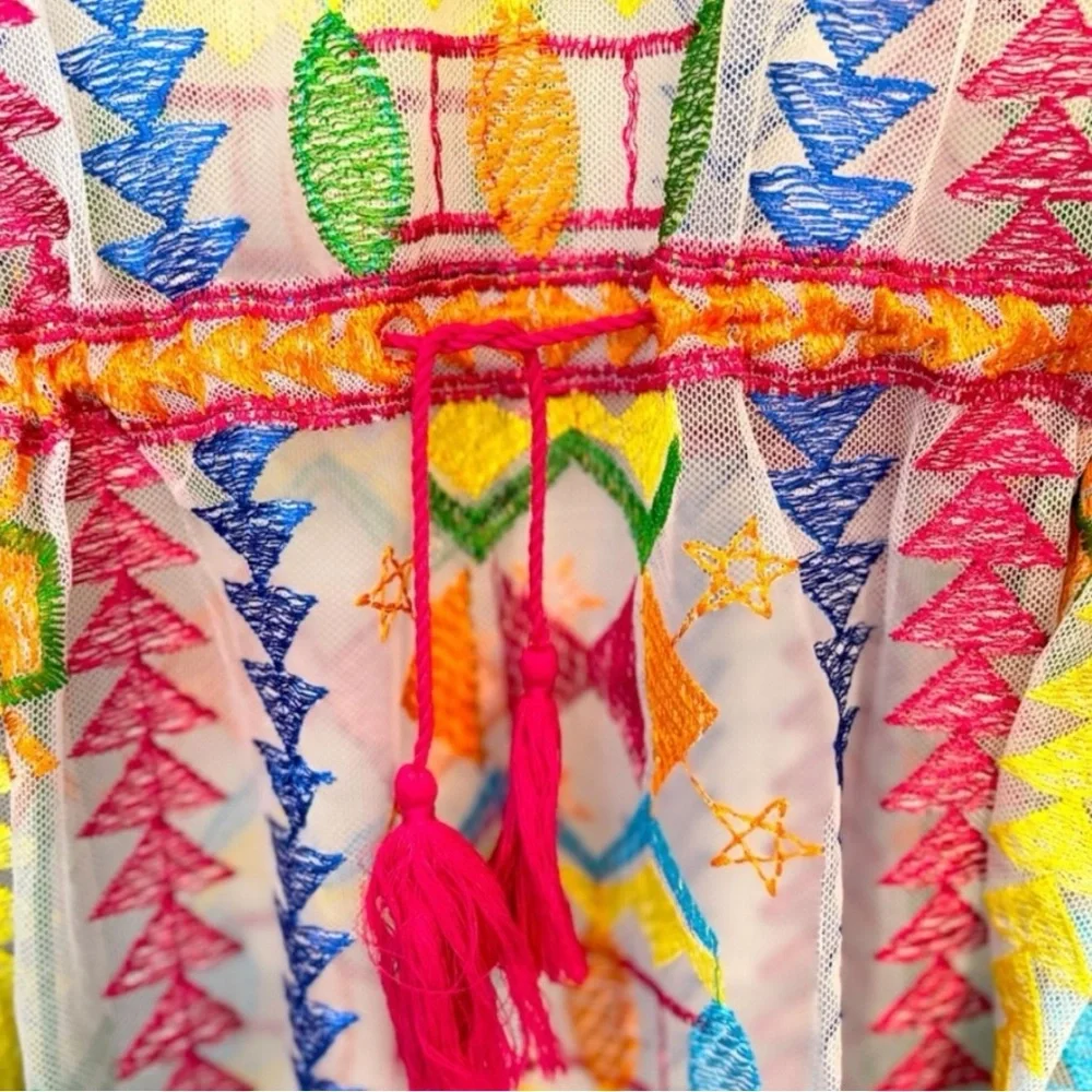 Rainbow Embroidered Cotton Mesh Short Kaftan, Tunic, With Cinch Tassel Tie NWT